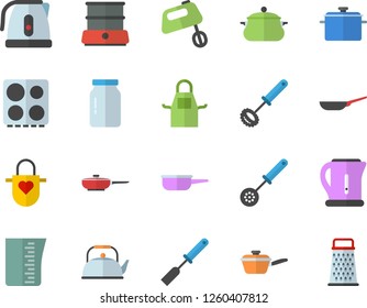 Color flat icon set saucepan flat vector, frying pan, saute, meashuring cup, teapot, electric kettle, apron, kitchen spatula, spoon, whisk, stove, mixer, double boiler, glass jar, grater