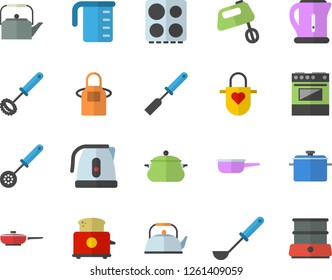 Color flat icon set saucepan flat vector, frying pan, saute, meashuring cup, teapot, electric kettle, apron, ladle, kitchen spatula, spoon, whisk, stove, toaster, mixer, double boiler