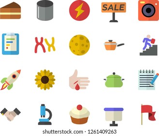 Color flat icon set saucepan flat vector, saute, cupcake, piece of cake, flower, pipe production, graphic report, flipchart, sell out, injury, chromosomes, agreement, career ladder, microscope, moon