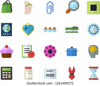 Color flat icon set saucepan flat vector, gas, cake, egg, flower, magnifier, bags, barcode, calculator, stapler, cpu, brain fector, diet, buttocks, vitamins, swimsuit, passport, heart pendant, clip