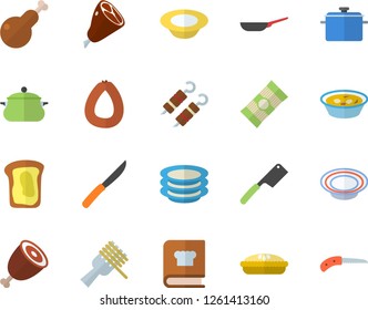 Color flat icon set saucepan flat vector, frying pan, knives, cookbook, plates, spaghetti, sausage, on a fork, dish, soup, pie, chicken, ham, shashlik, sandwich, knife