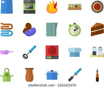 Color flat icon set saucepan flat vector, saute, cake, weighing machine, meashuring cup, cook hat, apron, kitchen spatula, whisk, stopwatch, towel, cutting board, electric stove, fire, spice, jugful