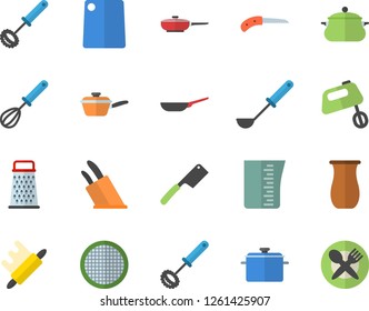 Color flat icon set saucepan flat vector, frying pan, saute, meashuring cup, ladle, whisk, knives, rolling pin, cutting board, mixer, sieve, grater, jugful, knife, table setting fector