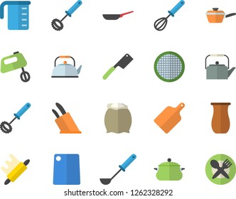 Color flat icon set saucepan flat vector, frying pan, saute, meashuring cup, teapot, ladle, whisk, knives, rolling pin, cutting board, mixer, flour, sieve, jugful, table setting fector