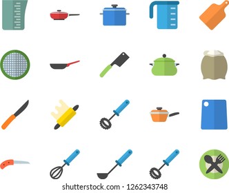 Color flat icon set saucepan flat vector, frying pan, saute, meashuring cup, ladle, whisk, knives, rolling pin, cutting board, flour, sieve, knife, table setting fector