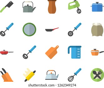 Color flat icon set saucepan flat vector, frying pan, saute, meashuring cup, teapot, kitchen spoon, whisk, knives, rolling pin, cutting board, mixer, flour, sieve, jugful, table setting fector