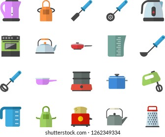 Color flat icon set saucepan flat vector, frying pan, saute, meashuring cup, teapot, electric kettle, apron, ladle, kitchen spatula, spoon, whisk, stove, toaster, mixer, double boiler, grater