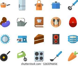 Color flat icon set saucepan flat vector, saute, teflon, cake, teapot, apron, ladle, whisk, kitchen egg timer, electric stove, induction cooker, gas, mixer, cookbook, fridge, coffee machine, plates