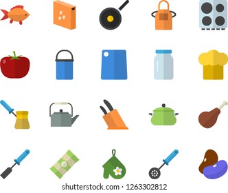 Color flat icon set saucepan flat vector, hiking pot, teflon, teapot, cook hat, apron, potholder, kitchen spatula, spoon, knives, cutting board, turk, electric stove, groats, glass jar, spaghetti