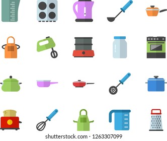 Color flat icon set saucepan flat vector, frying pan, saute, meashuring cup, electric kettle, apron, ladle, kitchen spoon, whisk, stove, toaster, mixer, double boiler, glass jar, grater