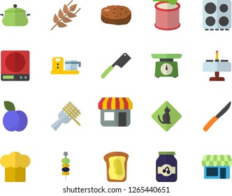 Color flat icon set saucepan flat vector, weighing machine, cook hat, knives, electric stove, food processor, ear, spaghetti on a fork, cutlet, jam, plum, canape, sandwich, store front, steroids