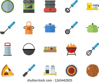 Color flat icon set saucepan flat vector, cauldron, apron, ladle, kitchen spatula, spoon, whisk, electric stove, induction cooker, double boiler, spice, food processor, barbecue, sieve, grater