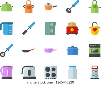 Color flat icon set saucepan flat vector, frying pan, saute, meashuring cup, electric kettle, apron, kitchen spatula, spoon, whisk, stove, toaster, glass jar, grater
