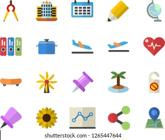 Color flat icon set saucepan flat vector, flower, windmill, dividers, molecules, calendar, drawing pin, folder, point diagram, pencil, globe, skateboard, heartbeat, arrival fector, departure, island