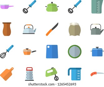 Color flat icon set saucepan flat vector, saute, meashuring cup, teapot, whisk, knives, cutting board, mixer, flour, sieve, grater, jugful, knife
