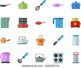 Color flat icon set saucepan flat vector, frying pan, saute, meashuring cup, teapot, electric kettle, apron, kitchen spatula, whisk, stove, toaster, double boiler, glass jar, grater