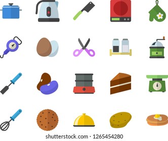 Color flat icon set saucepan flat vector, cake, weighing machine, electric kettle, spring balance, potholder, kitchen spatula, whisk, knives, scissors, coffee grinder, double boiler, spice, egg