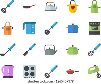 Color flat icon set saucepan flat vector, frying pan, meashuring cup, teapot, electric kettle, apron, ladle, kitchen spatula, spoon, whisk, stove, mixer