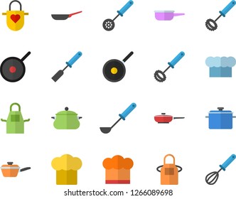 Color flat icon set saucepan flat vector, frying pan, saute, teflon, cook hat, apron, ladle, kitchen spatula, spoon, whisk