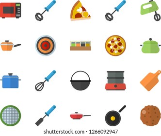 Color flat icon set saucepan flat vector, frying pan, cauldron, saute, teflon, kitchen spatula, whisk, cutting board, induction cooker, microwave, mixer, double boiler, spice, sieve, pizza, cutlet