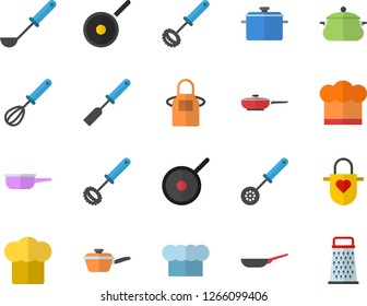 Color flat icon set saucepan flat vector, frying pan, saute, teflon, cook hat, apron, ladle, kitchen spatula, spoon, whisk, grater