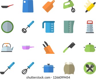 Color flat icon set saucepan flat vector, frying pan, saute, meashuring cup, teapot, ladle, whisk, knives, rolling pin, cutting board, mixer, flour, sieve, grater, table setting fector