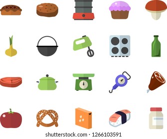 Color flat icon set saucepan flat vector, cauldron, weighing machine, spring balance, electric stove, mixer, double boiler, groats, mushroom, chop, onion, bagel, cupcake, pie, ham, cutlet, tomato