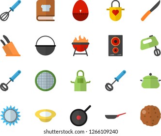 Color flat icon set saucepan flat vector, frying pan, cauldron, teflon, apron, whisk, kitchen egg timer, knives, induction cooker, gas, mixer, cookbook, barbecue, sieve, dish, cutlet