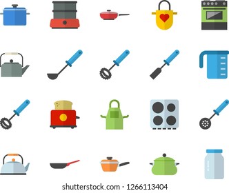 Color flat icon set saucepan flat vector, frying pan, saute, meashuring cup, teapot, apron, ladle, kitchen spatula, spoon, whisk, electric stove, toaster, double boiler, glass jar