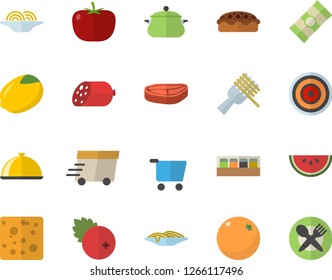 Color flat icon set saucepan flat vector, induction cooker, spice, dish, spaghetti, tomato, chop, lemon, sausage, cheese, watermelon, on a fork, pie, cranberry, orange, grocery trolley