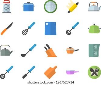 Color flat icon set saucepan flat vector, saute, meashuring cup, teapot, ladle, kitchen spatula, spoon, whisk, knives, rolling pin, cutting board, sieve, grater, table setting fector