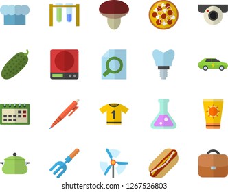 Color flat icon set saucepan flat vector, weighing machine, cook hat, hot dog, pizza, cucumber, mushroom, pitchfork, electric cars, implant, calendar, magnifier, pen, flask, beakers, windmill