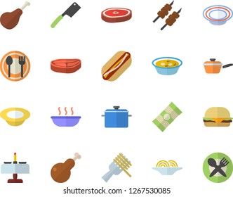 Color flat icon set saucepan flat vector, saute, knives, table setting, spaghetti, chop, ham, on a fork, hamburger, hot dog, dish, soup, chicken, shashlik, romantic dinner fector