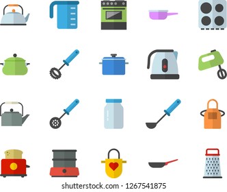 Color flat icon set saucepan flat vector, frying pan, saute, meashuring cup, teapot, electric kettle, apron, ladle, kitchen spoon, whisk, stove, toaster, mixer, double boiler, glass jar, grater