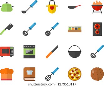 Color flat icon set saucepan flat vector, frying pan, cauldron, cook hat, apron, ladle, kitchen spoon, whisk, knives, electric stove, induction cooker, microwave, cookbook, spice, barbecue, pizza