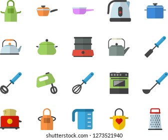 Color flat icon set saucepan flat vector, saute, meashuring cup, teapot, electric kettle, apron, ladle, kitchen spatula, whisk, stove, toaster, mixer, double boiler, grater
