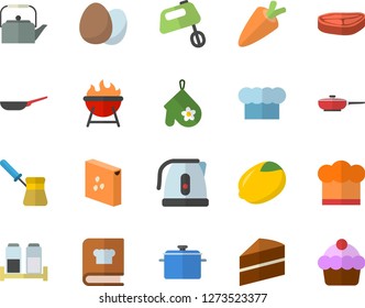 Color flat icon set saucepan flat vector, frying pan, cake, teapot, electric kettle, cook hat, potholder, turk, mixer, cookbook, spice, barbecue, egg, groats, chop, lemon, carrot