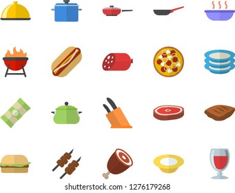Color flat icon set saucepan flat vector, frying pan, knives, barbecue, dish, plates, spaghetti, sausage, hamburger, hot dog, pizza, soup, ham, chop, shashlik, wine