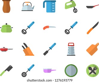 Color flat icon set saucepan flat vector, frying pan, saute, meashuring cup, teapot, kitchen spatula, spoon, whisk, knives, cutting board, mixer, sieve, grater, jugful, knife, table setting fector