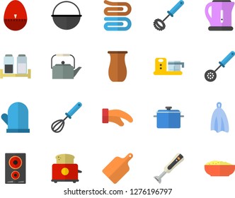 Color flat icon set saucepan flat vector, cauldron, teapot, electric kettle, potholder, kitchen spoon, whisk, egg timer, towel, cutting board, induction cooker, toaster, blender, spice, jugful