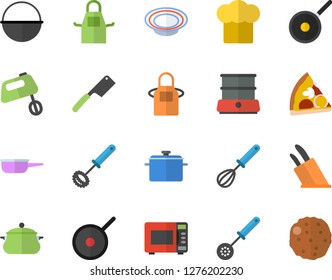 Color flat icon set saucepan flat vector, cauldron, saute, teflon, cook hat, apron, kitchen spoon, whisk, knives, microwave, mixer, double boiler, pizza, dish, cutlet