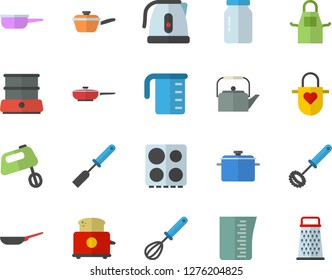 Color flat icon set saucepan flat vector, frying pan, saute, meashuring cup, teapot, electric kettle, apron, kitchen spatula, whisk, stove, toaster, mixer, double boiler, glass jar, grater