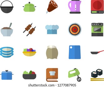 Color flat icon set saucepan flat vector, frying pan, cauldron, weighing machine, electric kettle, cook hat, cutting board, stove, induction cooker, mixer, cookbook, flour, plates, salad, porridge