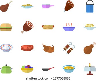 Color flat icon set saucepan flat vector, frying pan, hiking pot, saute, chop, ham, spaghetti, hamburger, hot dog, dish, salad, soup, chicken, shashlik, romantic dinner fector