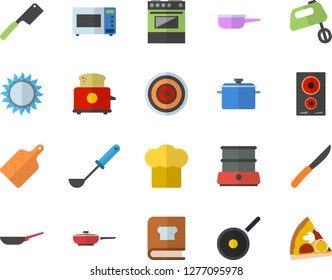 Color flat icon set saucepan flat vector, frying pan, saute, teflon, cook hat, ladle, knives, cutting board, electric stove, induction cooker, gas, microwave, toaster, mixer, double boiler, cookbook