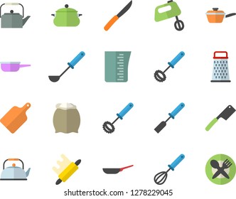 Color flat icon set saucepan flat vector, frying pan, saute, meashuring cup, teapot, ladle, kitchen spatula, whisk, knives, rolling pin, cutting board, mixer, flour, grater, table setting fector