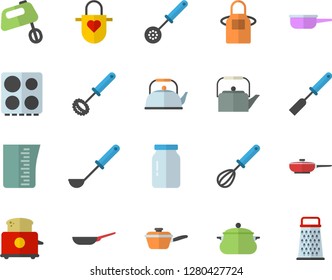Color flat icon set saucepan flat vector, frying pan, saute, meashuring cup, teapot, apron, ladle, kitchen spatula, spoon, whisk, electric stove, toaster, mixer, glass jar, grater
