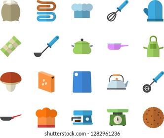 Color flat icon set saucepan flat vector, frying pan, saute, weighing machine, teapot, cook hat, apron, potholder, ladle, kitchen spoon, whisk, towel, cutting board, coffee, flour, groats, spaghetti