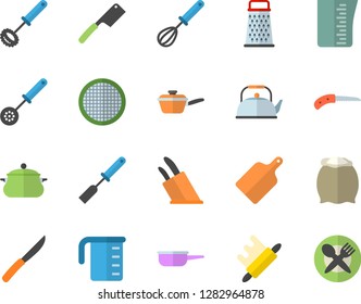 Color flat icon set saucepan flat vector, saute, meashuring cup, teapot, kitchen spatula, spoon, whisk, knives, rolling pin, cutting board, flour, sieve, grater, knife, table setting fector