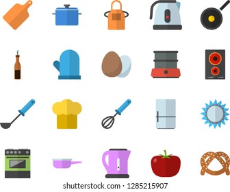 Color flat icon set saucepan flat vector, saute, teflon, electric kettle, cook hat, apron, potholder, ladle, whisk, cutting board, stove, induction cooker, gas, double boiler, fridge, egg, tomato